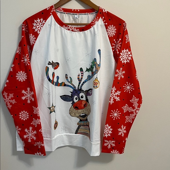 Exclusive Tops - Exclusive Reindeer Holiday Novelty Print Shirt Top XXL Red White Raglan Pullover